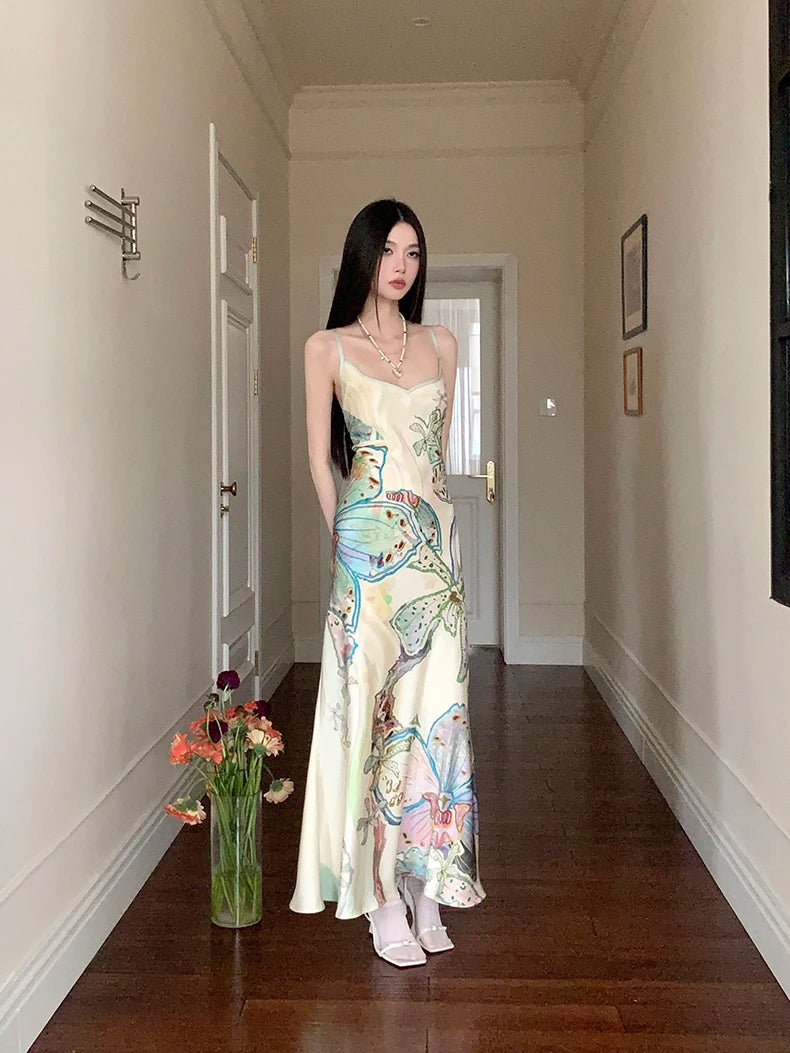Bxoxo Ocean Flowers Backless Long Mermaid Dress For Woman Summer 2025 V Neck Midi Slip Dress Evening Party Clothes