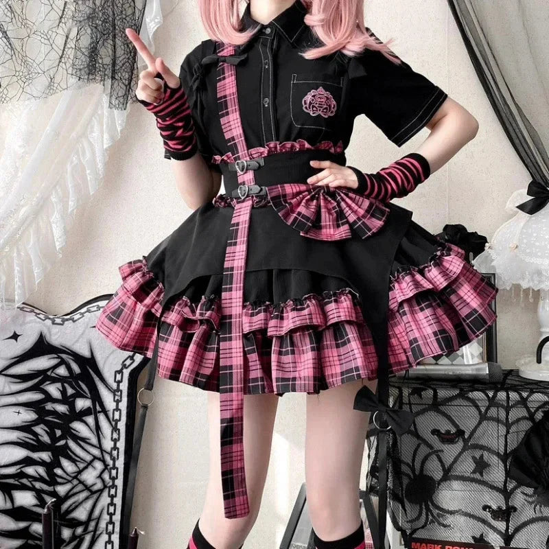 BXOXO 2024 Cute Girl Y2k Cosplay Costume Party Skirt Ball Gown Lolita Plaid Bow Suspender Skirt Women Love Button A-Line Mini Skirts