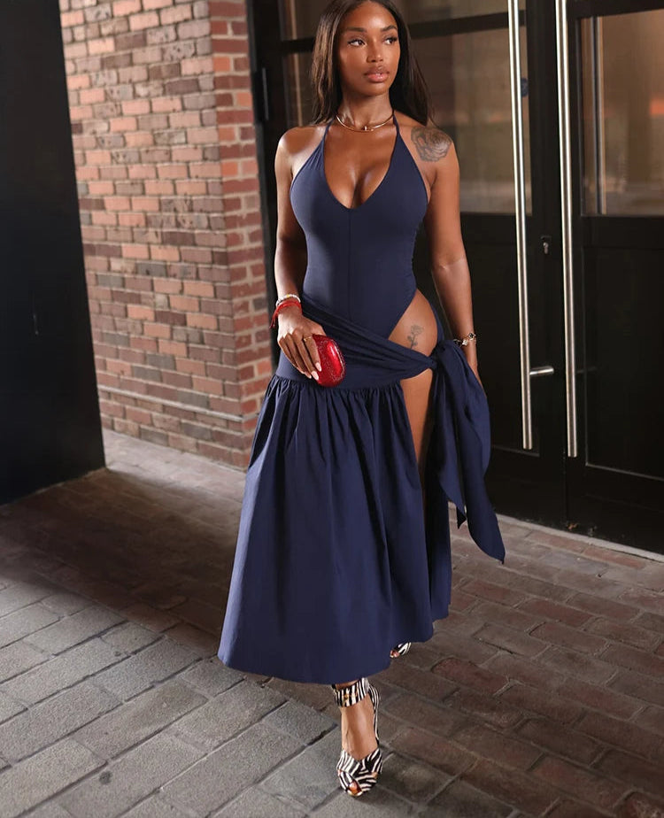 BXOXO Fashion Solid Women 2 Piece Set Classic V-neck Camis Bodysuits+Tied Split Ruffle Maxi Skirt Mujer Matching Holiday Outfits