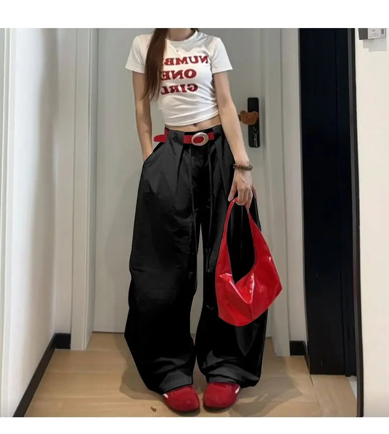 Bxoxo White Basic High Waist Wide Leg Women Pants Solid Color Korean Fashion Parachute Trousers Baggy Lace Up Youthful Summer