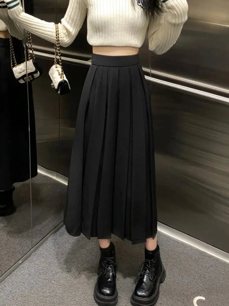 BXOXO Long Pleated Skirt Women Vintage Korean Fashion Solid High Waist A-line Midi Skirt School Girl Elegant Casual Autumn