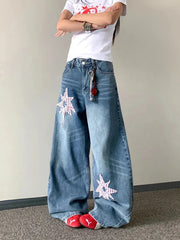 Bxoxo Y2K Star Patches Women Denim Pants Autumn Loose Streetwear Casual Wide Leg Jeans Bf American Hip Hop Punk Machete Trousers New