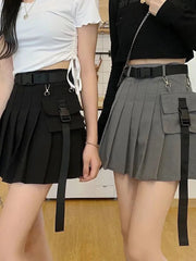 Bxoxo Harajuku Belt Pleated Cargo Skirt Women Fashion Gothic High Waist Pocket Mini Skirts Fashion Summer Lady A Line Black Skirt