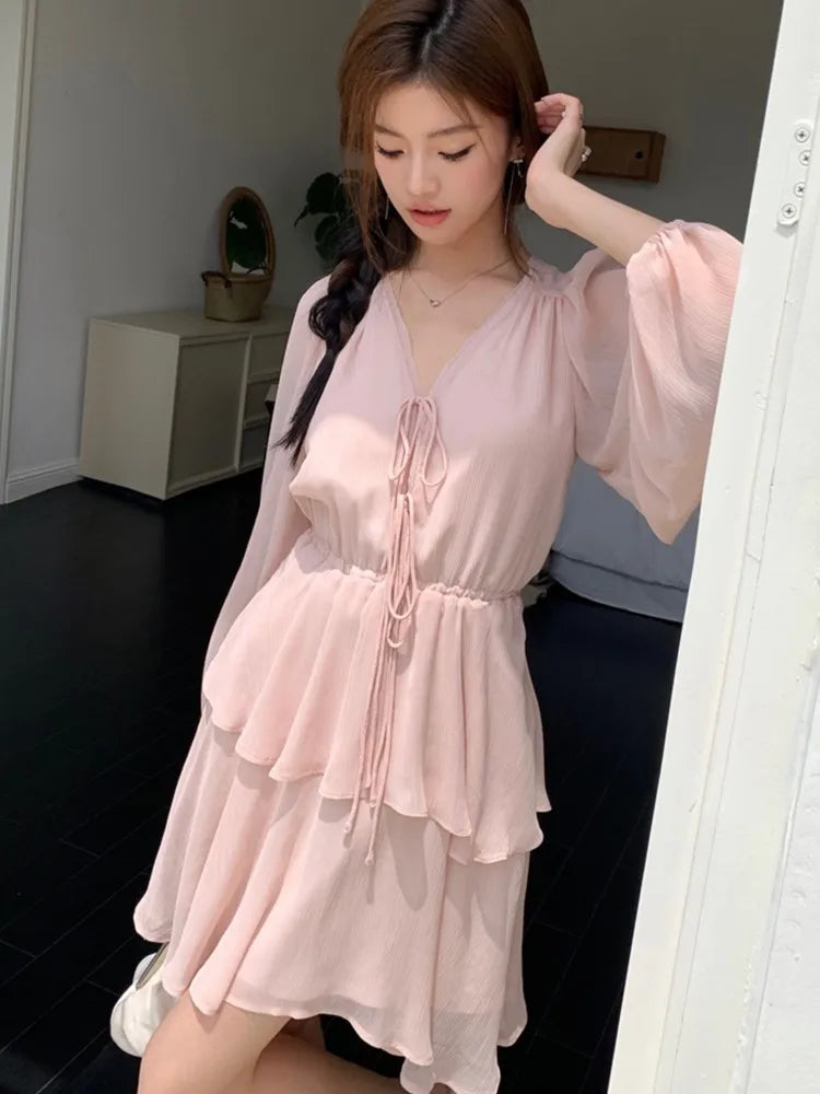 Bxoxo Women's Elegant Fairy Casual Korean Style Dresses New V-Neck Lace-up Long Lantern Sleeve Ruffles Midi Dress 2025 Holiday Vestido