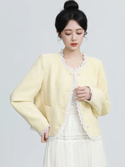 Bxoxo Sweet Yellow Tweed Jackets Women Vintage Lace Patchwork Elegant Short Coat French Retro Casual O Neck Long Sleeve Fall Outwear