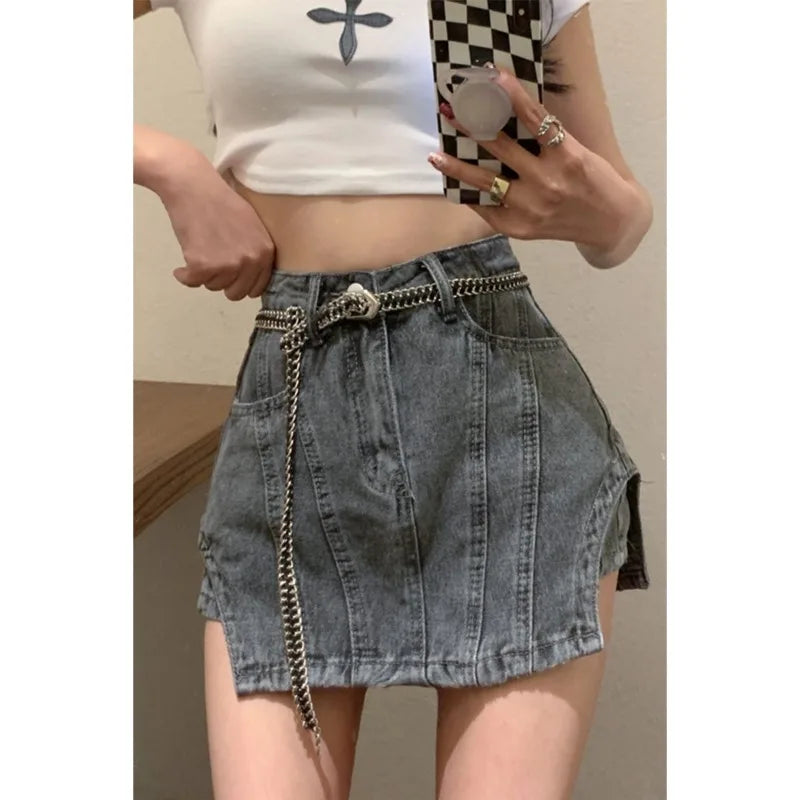 Bxoxo Summer New Irregular Denim Shorts Skirt Female Y2K Street Fashion High Waist Plus Size Slim Bag Hip Skirt Pants Exposed A Shorts