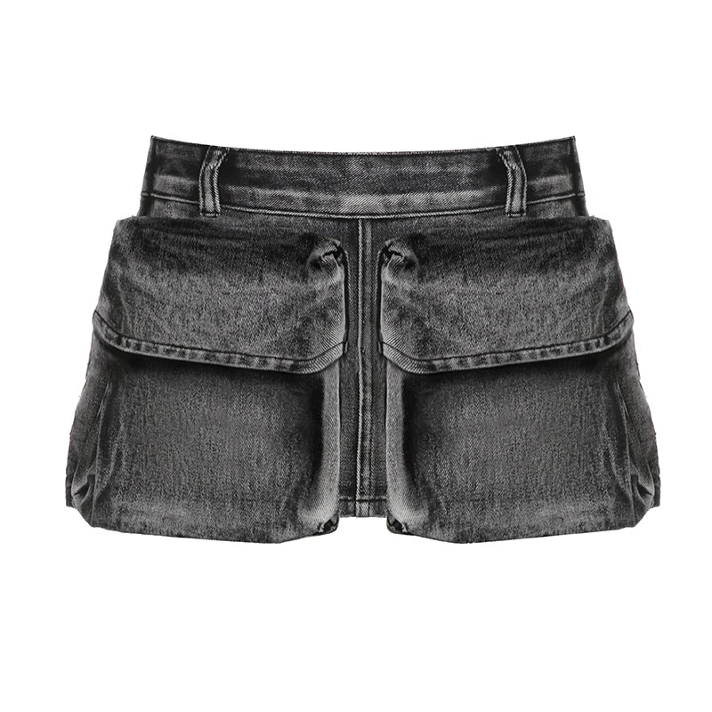 BXOXO Grunge Harajuku Cargo Mini Skirts Vintage Streetwear Denim Skirts Women A-line Low Waist Pocket Patch Clothes y2k 90S