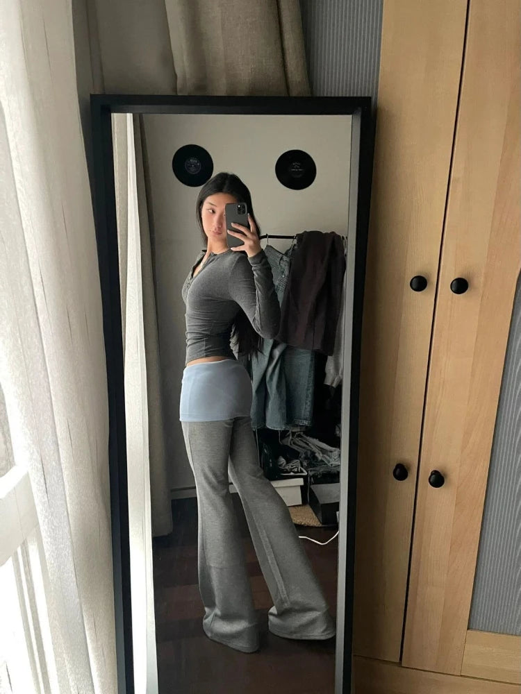 Bxoxo Gray High Waist Basic Flared Pants Solid Color Jogging Fitness Yoga Trousers Slim Korean Fashion Casual Streetwear Lady
