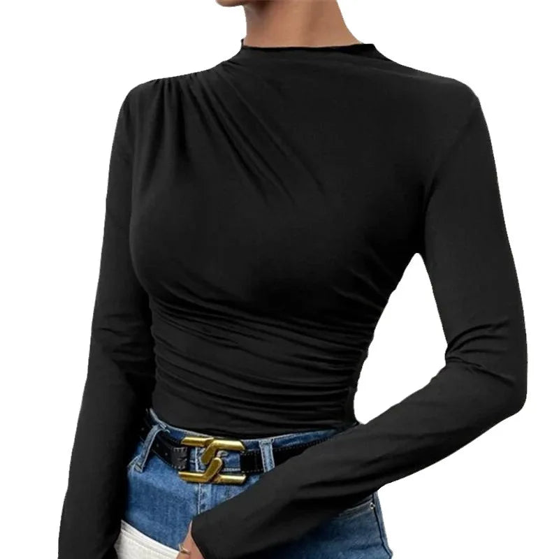 BXOXO Fall Long Sleeve Sheath T-shirt Women Casual Fashion Slim Folds Sheath Solid Tops T Shirt Ladies Tees Elegant