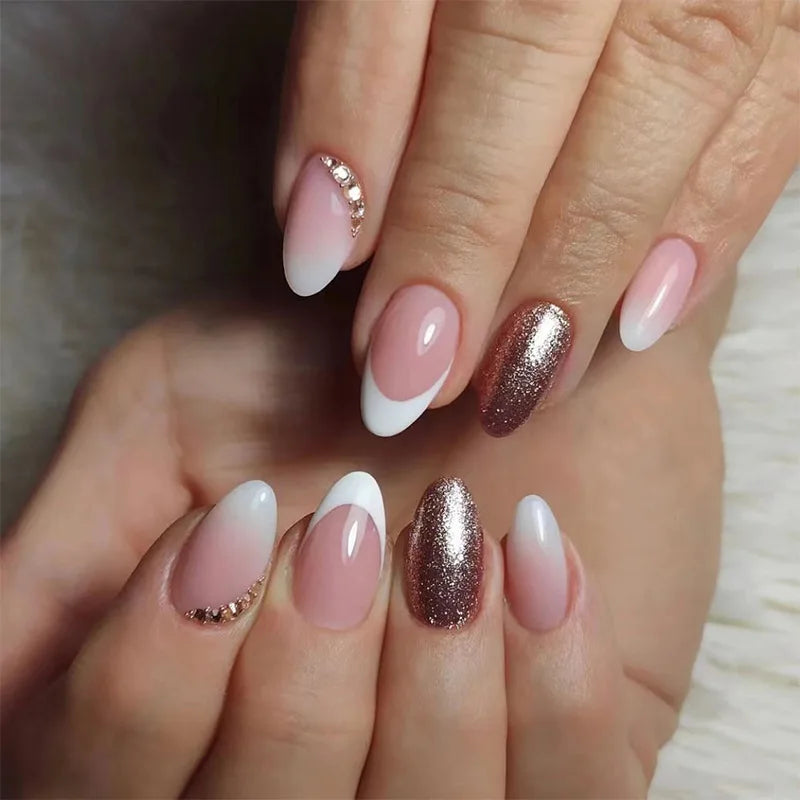 Bxoxo 24P French Oval False Nails Girls White Edge Design Nude Color Wearable Press on Nail Full Cover Short Acrylic Almond Fake Nails