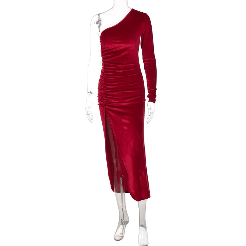 Bxoxo Women Elegant Long Sleeve Party Evening Velvet Bodycon Split Pencil Midi Dress 2024 Spring Autumn Clothes
