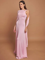 BXOXO Pink Cape Sleeve Sexy Maxi Dress For Women Off-shoulder Backless Gown Elegant Skew Collar Lace-up Long Dress Vestido