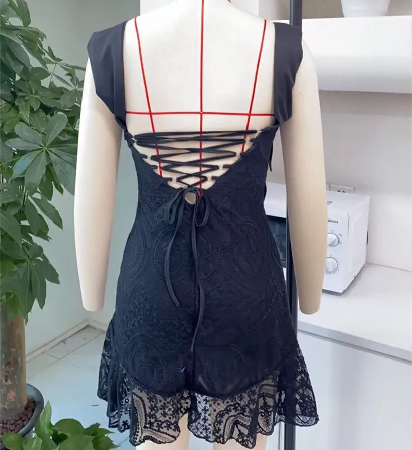 BXOXO Lace Hollow Out Bandage Sexy Mini Dress For Women Robe Spaghetti Strap Backless Bodycon Sexy Party Club Print Dress