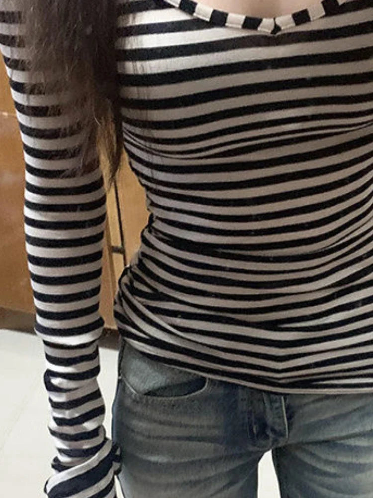 BXOXO Y2k Aesthetics Stripes Button Tops Women Harajuku Slim Fit Casual T-shirt Vintage Sexy Long Sleeve Split Shirts Grunge E-girls