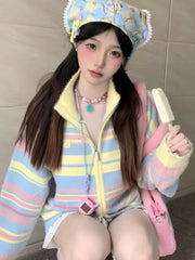 Bxoxo Casual Loose Sweaters Striped Contrast Color Zipper Stand Neck Long Sleeve Cardigan Preppy Style Fashion Sweet Women's Clothing