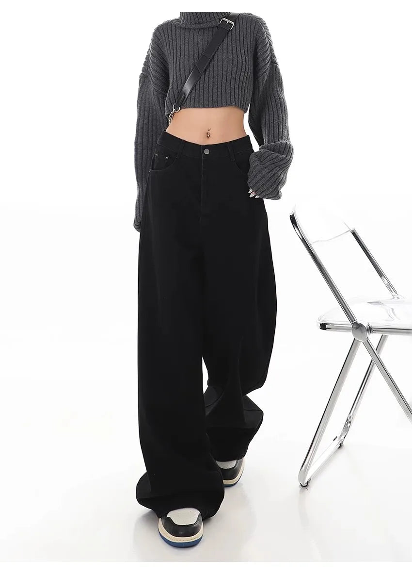 Bxoxo Y2K Black Jeans for Women Korean Fashion Streetwear High Waist Wide Leg Denim Pants Female Baggy Straight Trouser