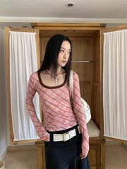 BXOXO Vintage Plaid T Shirt Women O Neck Skinny Tee Tops Streetwear American Retro 90s Crop Tops Autumn  Tshirts Female Chic
