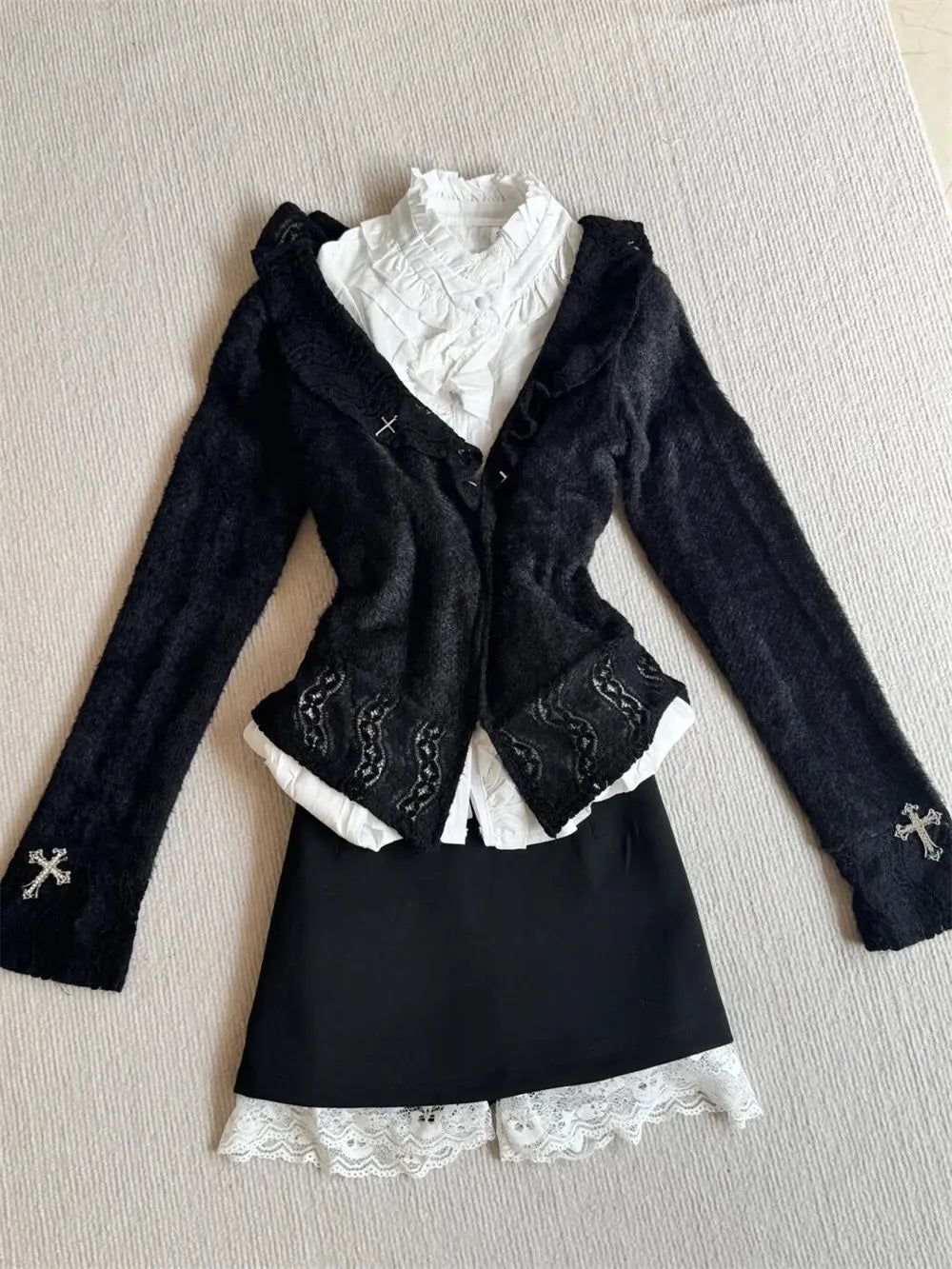 BXOXO Goth Women Two Pieces Set Hot girl Punk Y2k Cross Lace Slim Cardigan 2000s Harajuku Short Skirt Hollowed Out Butterfly Sleeve