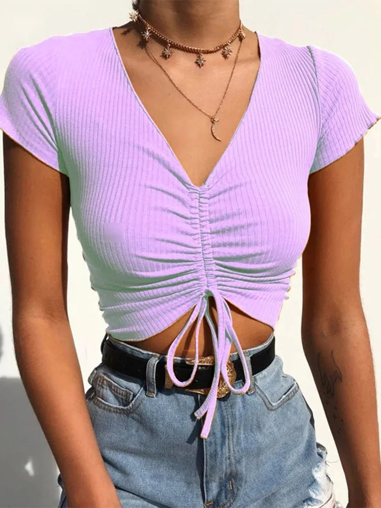 BXOXO Sexy V Neck Cropped Tank Tops Women Drawstring Tie Up Front Camis Candy Colors Streetwear Slim Fit Ribbed Crop Top