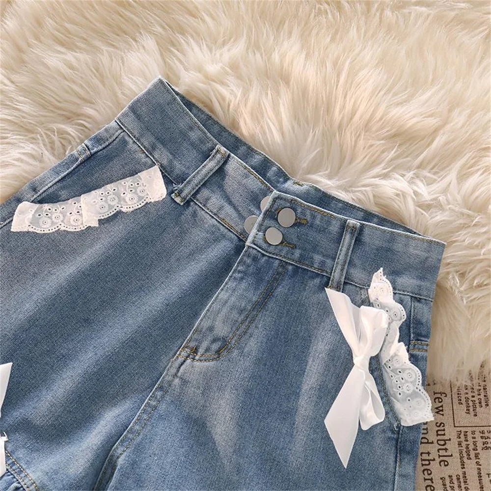 BXOXO Woman Jeans Pants Denim a Version High Waist Raw Hem Shorts Women's Lace Pants Pantalones Vaqueros Mujer Pants Women Jeans