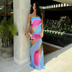 BXOXO Off Shoulder Strapless Floral Print Beach Vacation Chiffon Dress Women Summer Sleeveless Backless Maxi Long Dresses
