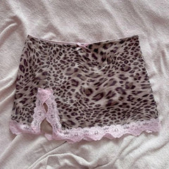 BXOXO Y2K Leopard Lace Women Skirt Pink Bow Streetwear Hip Hop Punk Cute Chic Aesthetic Emo Girl Summer Grunge Sexy Bottoms Mini Skirt