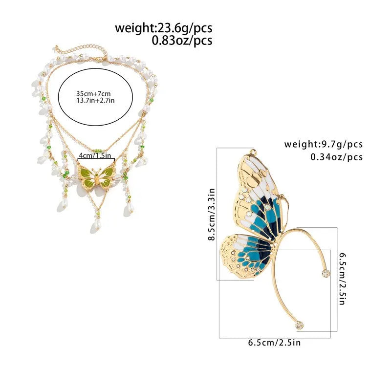 BXOXO 2Pcs Kpop Multilayer Lovely Butterfly Pendant Tassel Necklace Clip Earrings for Women Wed Bridal Exquisite Chain Y2K Jewelry Set