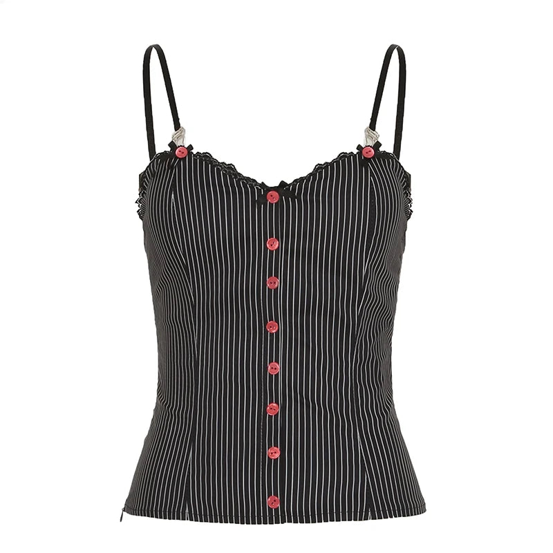 BXOXO Vintage Contrast Button Stitching Camis Women Causal Slim-fitting Sleeveless Slit Crop Top Summer Retro Striped Print Tee