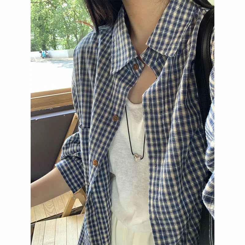 Bxoxo Vintage Blue Plaid Shirts for Women Casual Loose Long Sleeve Checkered Blouses Bf Summer Streetwear Lapel Shirt New
