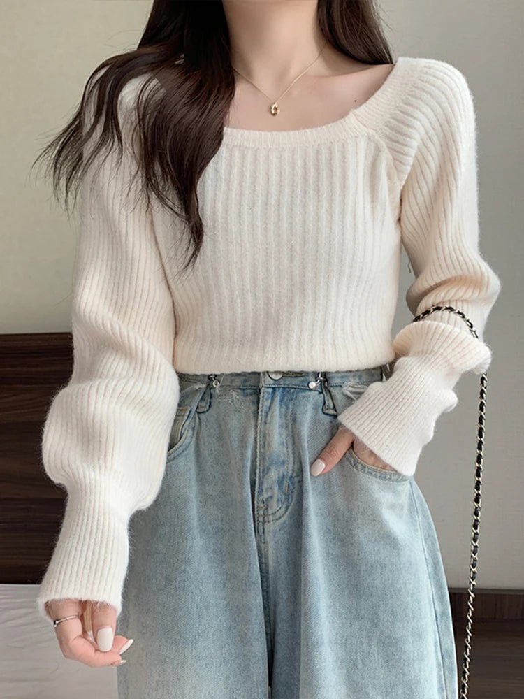 Bxoxo Autumn Winter Loose Women Sweaters Casual Soft Long Puff Sleeve Pullovers Jumpers Knitwear Basic Sweater For Women Tops