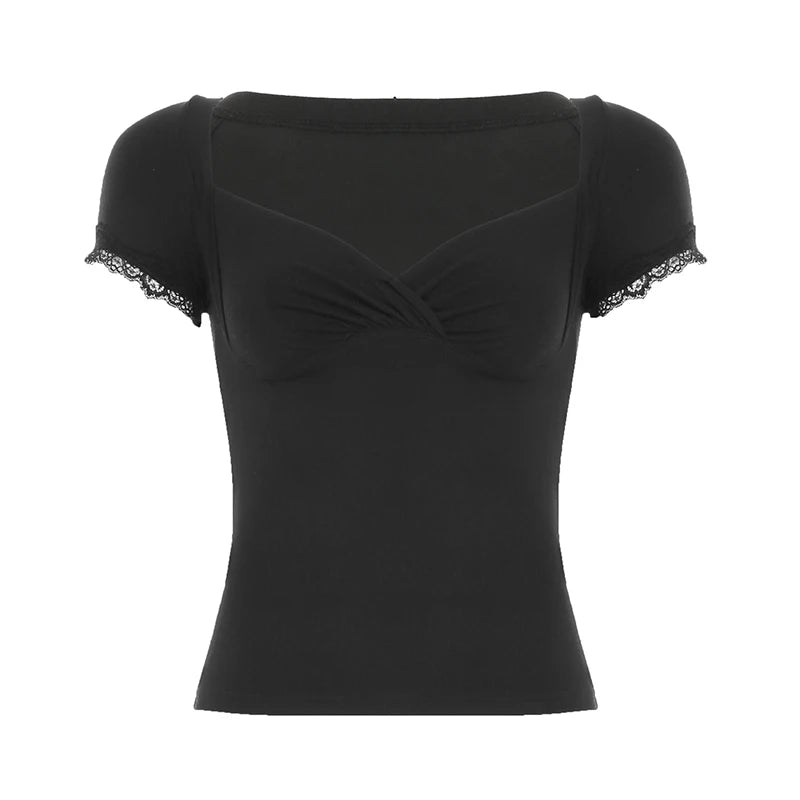 BXOXO Black Square Collar Crop Top Vintage 2000s Short Sleeve Skinny T-shirt for Women Summer Casual Basic Tees Aesthetic y2k