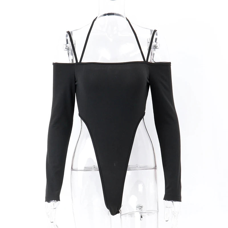 Bxoxo Sexy Off Shoulder Halter Bodysuit Aesthetic Spaghetti Straps Long Sleeve T Shirt Women Slim Fit Party Clubwear Bodysuits