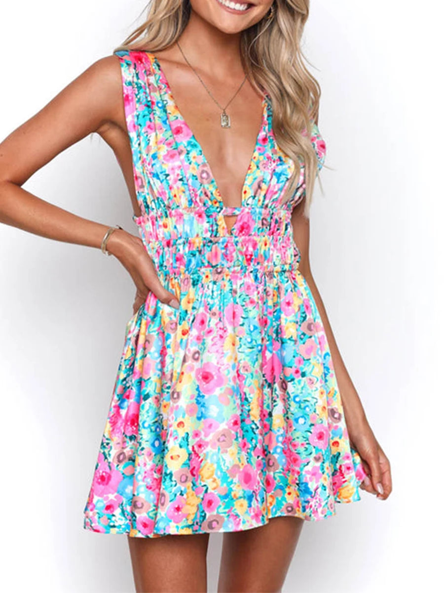 BXOXO New Backless Sexy Women Mini Dress Sleeveless V Neck Backless Flower Print Summer Club Party Dress Sundress Streetwear