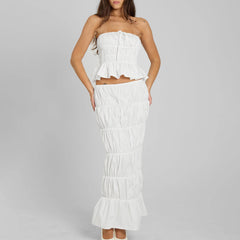 BXOXO Women Y2K Two Piece Maxi Skirt Set Strapless Crop Tube Top Ruffle Mesh Skirts Outfit Lace Trim Holiday Beach Outfit