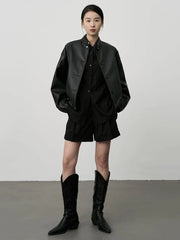 Bxoxo Vintage Pu Leather Jacket Women Y2K Autumn Loose Streetwear Thick Stand Collar Coat Fashion Single Breasted All Match Outwear