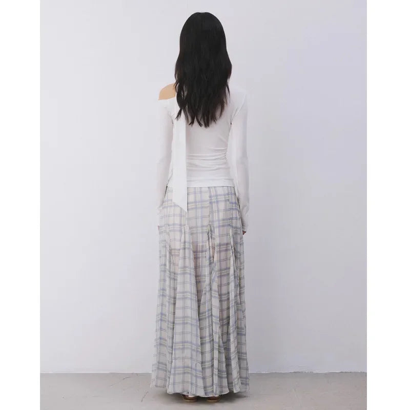 Bxoxo Gentle Checkered Fish Tail Skirt Semi-Transparent Soft Tulle Design Asymmetrical Half-length Polyester Fiber Grid Pattern