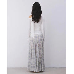 Bxoxo Gentle Checkered Fish Tail Skirt Semi-Transparent Soft Tulle Design Asymmetrical Half-length Polyester Fiber Grid Pattern