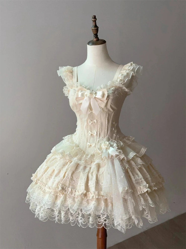 BXOXO Summer Sweet Style Elegant Woman Dress Lolita Y2k Design Lace Splice Bow Dress Fashion Bandage Retro Female Princess Party Dress