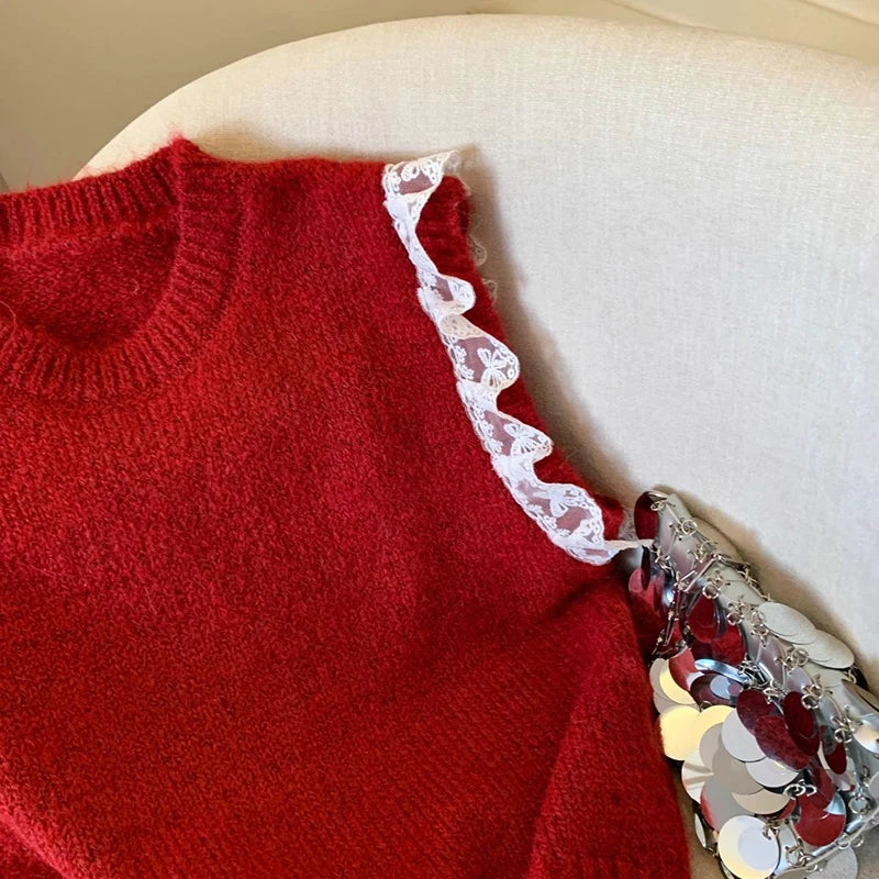 Bxoxo Lace Patchwork Sweet Sweater Vest Women Vintage O Neck Casual Knitted Tops Korean Preppy Style Lady Lazy Wing Cute Vest New