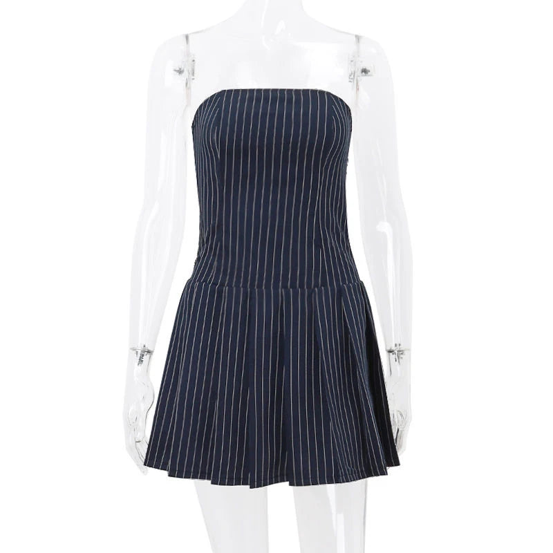Bxoxo Fashion Stripe Slash Neck Dress Women Y2K Sleeveless Slim Splicing Pleated Dress Sexy Chest Wrap Off Shoulder Mini Vestidos New