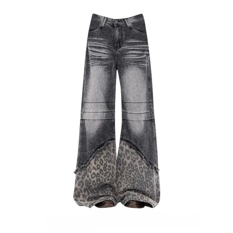 Bxoxo Y2k Vintage Patchwork Leopard Women Jeans Harajuku Washed Wide Leg Korean Fashion Denim Pants Baggy Trousers Streetwear