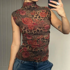 BXOXO Vintage Floral Print Crop Top Women Retro Sleeveless Turtleneck Skinny Tank Tops Harajuku y2k Tee Summer Casual Lady Vest