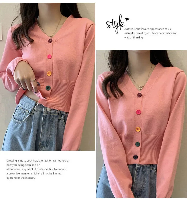 Bxoxo Autumn and Winter Little Fresh Colorful Buttons Younger Slim-Fit Slimming V-Collar Cardigan Long-Sleeved Sweater Top for Women