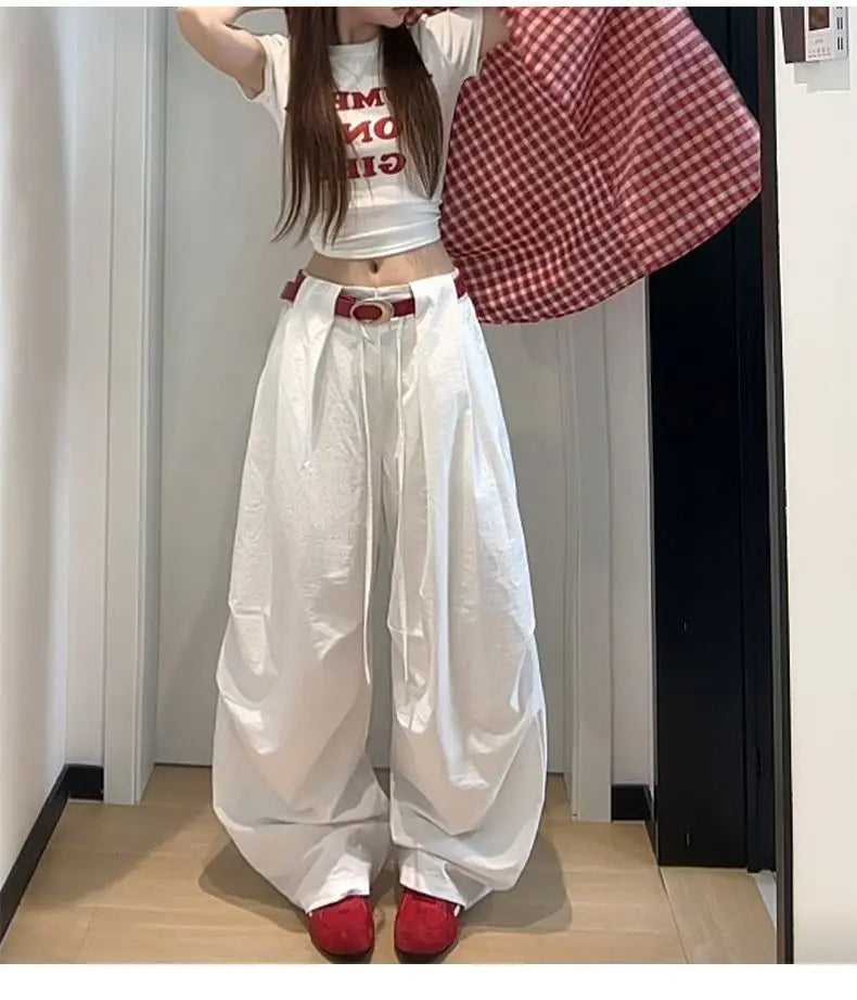 Bxoxo White Basic High Waist Wide Leg Women Pants Solid Color Korean Fashion Parachute Trousers Baggy Lace Up Youthful Summer
