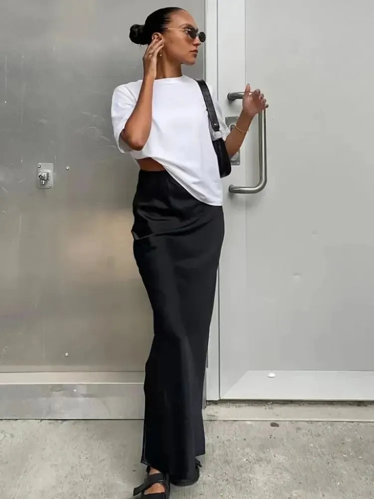 BXOXO Women's Black Elegant Satin Fashion Slim Skirts Four Seasons Casual High Waist Club Office Maxi Skirt