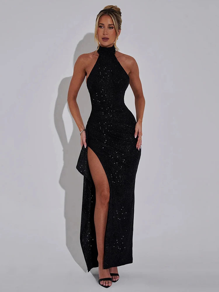 BXOXO Elegant Sleeveless High Slit Ruffled Bodycon Evening Dress Women Shiny Hanging Collar Sexy Backless Party Club Vestido