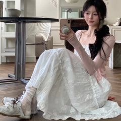 Bxoxo Sweet Korean Sle Women's Dr with Waist Cinching Wooden  Bells Dstring Strap Long Skirt Fre Spring Summer