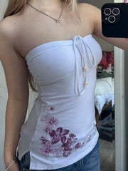 BXOXO Causal Holiday Style Women Straps Tops Backless Bow Lace Up Slim Flower Prints Fashion Trendy Blouses