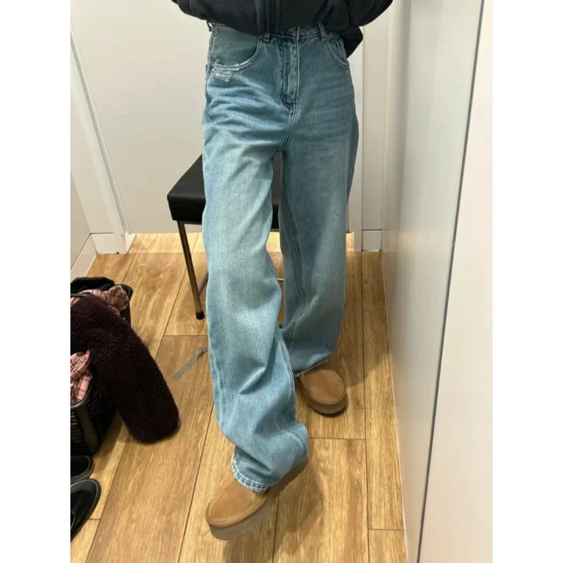 Bxoxo Streetwear Female Trousers Wide Leg Jeans for Women Blue High Waisted Jeans Women's Denim Pants Y2k Women's Clothing