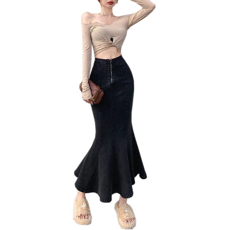 Bxoxo Long Denim Skirt for Women High Waist Autumn Blue Slim Jean Fishtail Skirt Korean Fashion Skinny Solid Elastic Slit Skirt Women